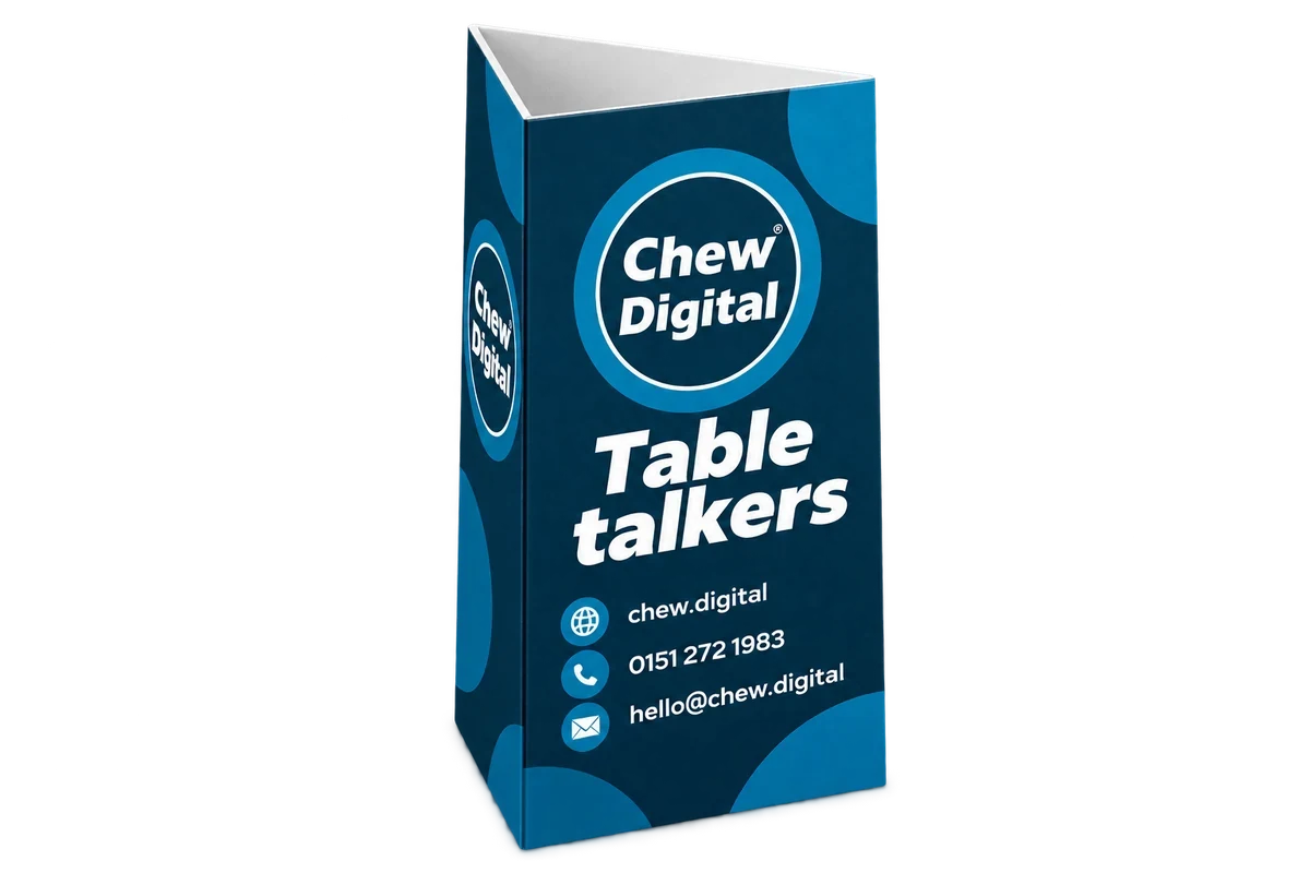Chew Digital® table talkers product mockup