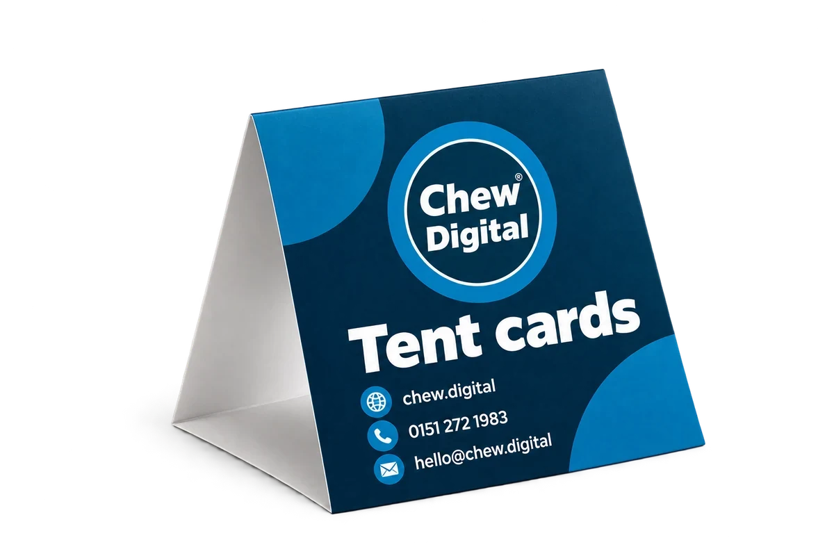 Chew Digital® tent cards product mockup