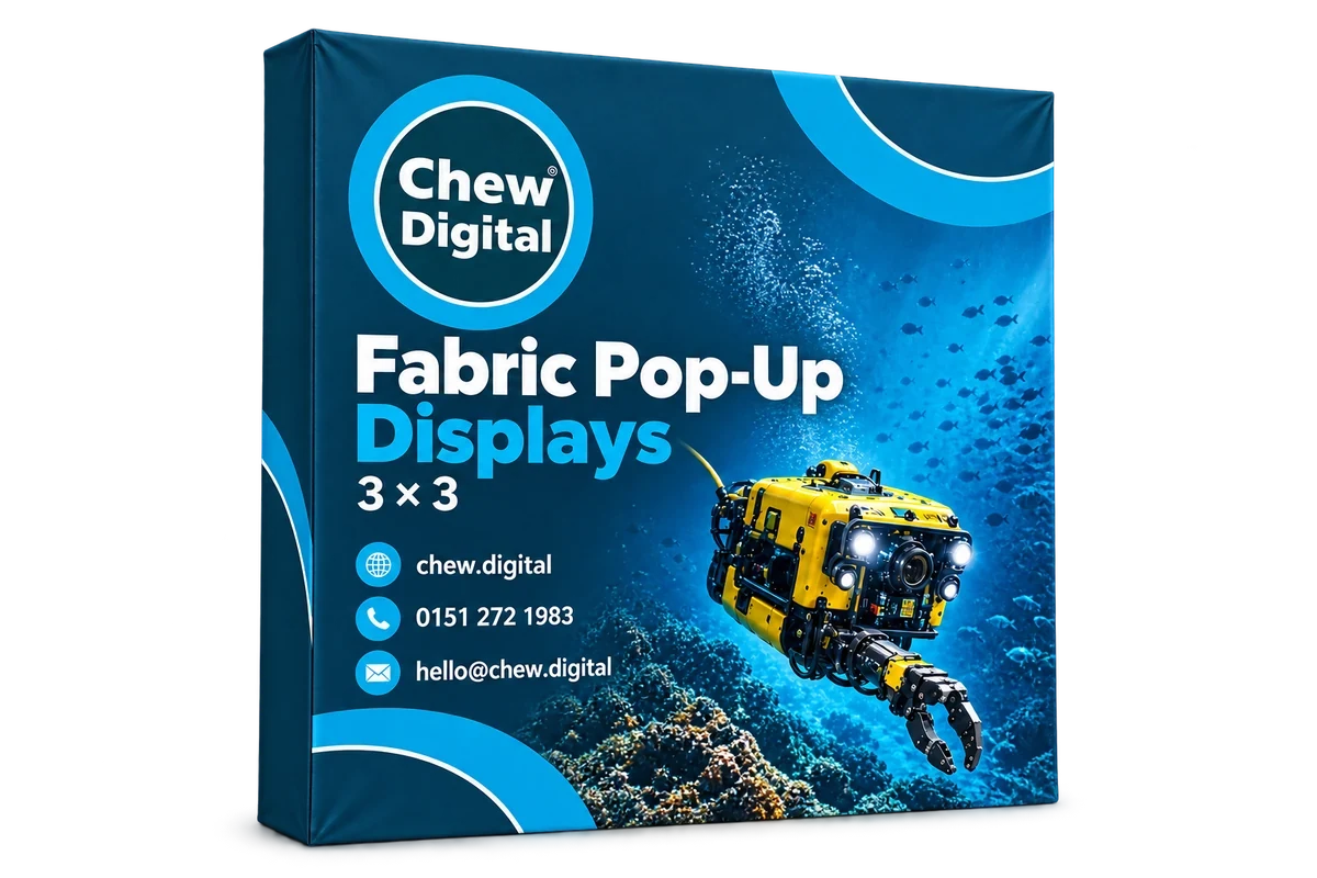 Chew Digital® branded square-format 3 by 3 fabric pop-up display