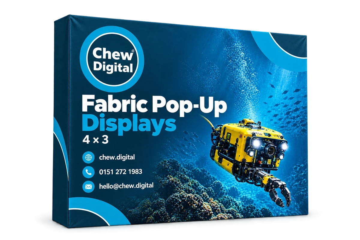 Chew Digital® branded wide-format 4 by 3 fabric pop-up display