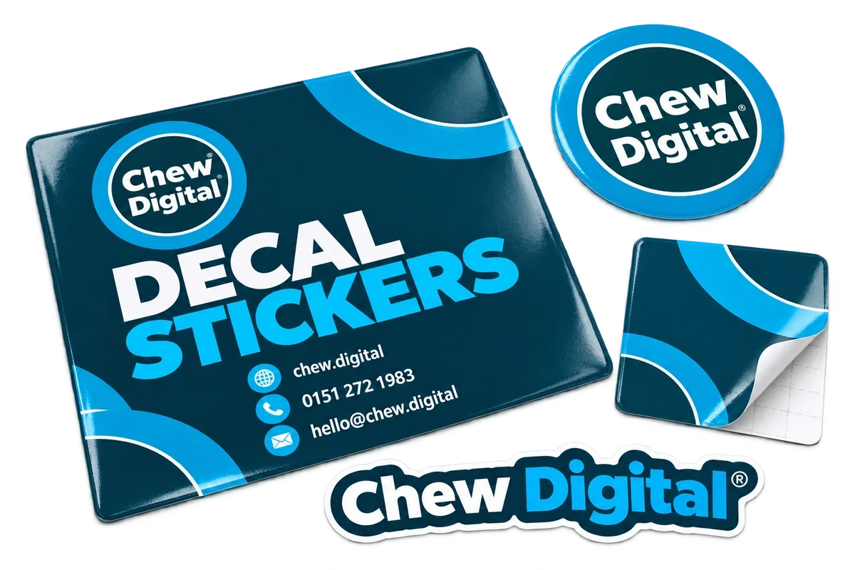 Individual Chew Digital® decals with rectangular, circular, square and custom-cut designs