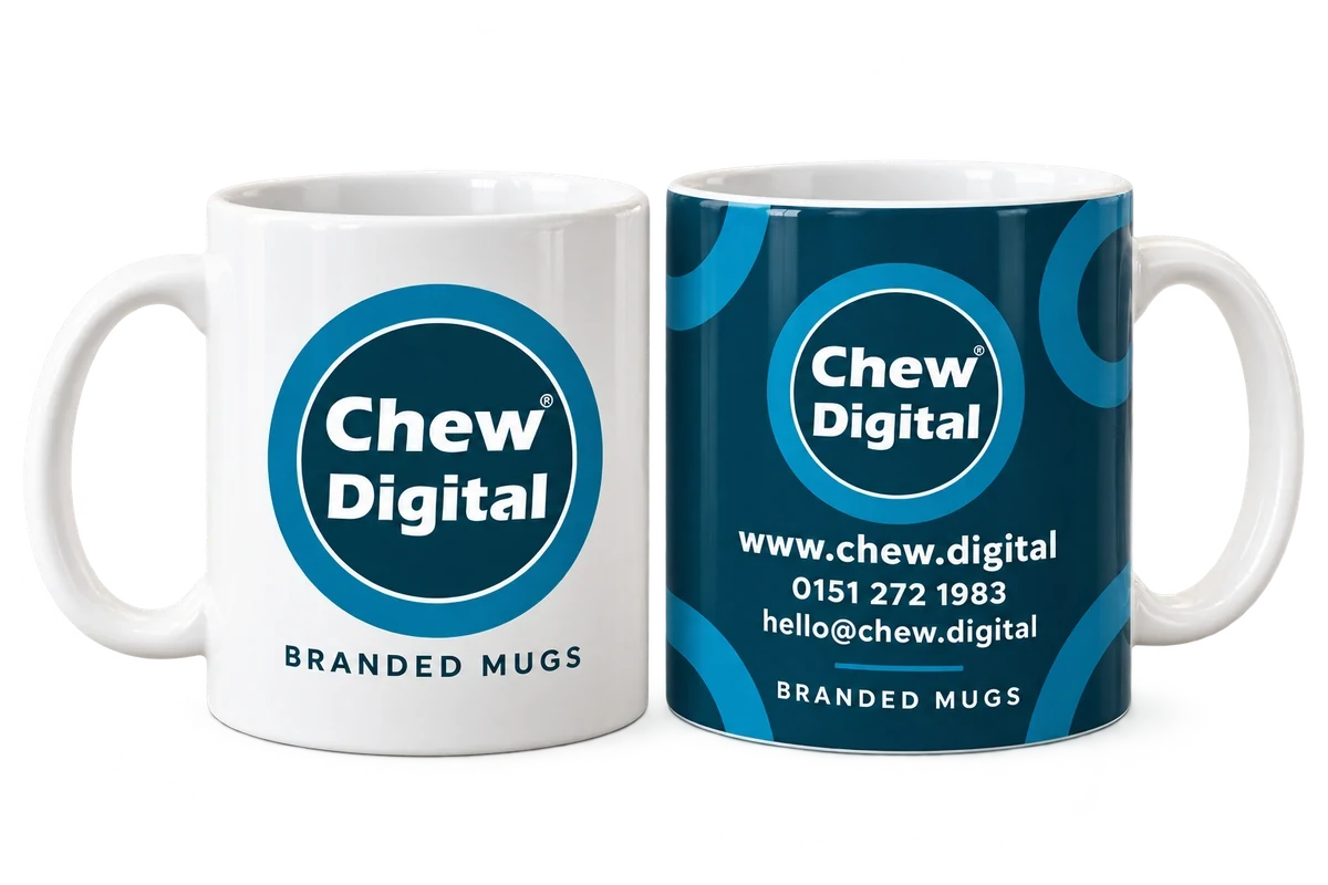 Chew Digital® branded white ceramic mugs showing front-and-back and full-wrap print styles