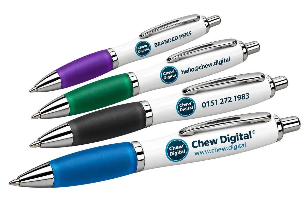 Chew Digital® branded Contour ballpoint pens with blue, black, green and purple grips